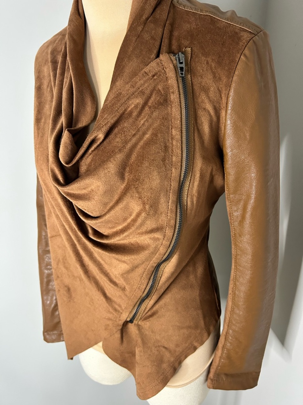 Blank NYC Faux Leather and Suede Camel Draped front Moto Jacket - Picture 4 of 14